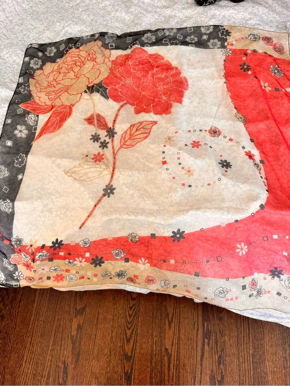 Floral Print Women's Scarf in Black, Cream & Coral.